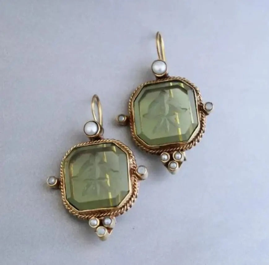 Vintage Green Square Earrings with Pearls