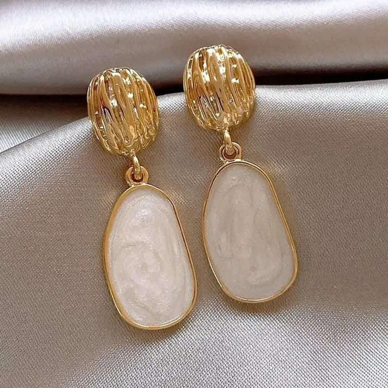 Oval Hanging Earrings with White Enamel