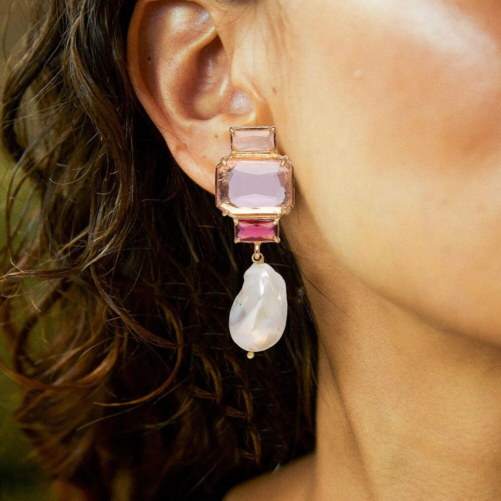 Natural Stone Earrings with Pink Cubic Zirconia