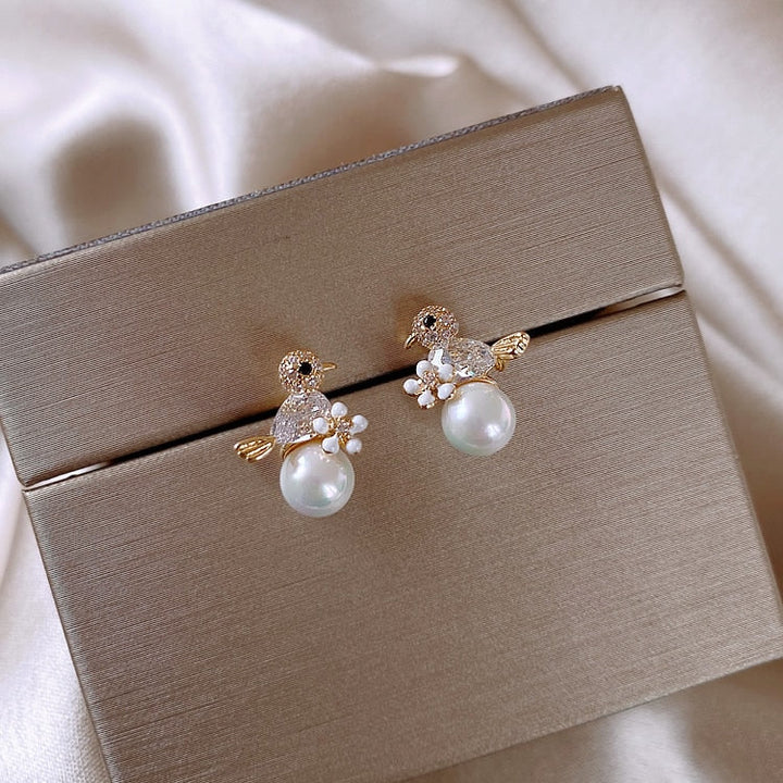 Luxury Earrings with Bird and Pearl Inlay