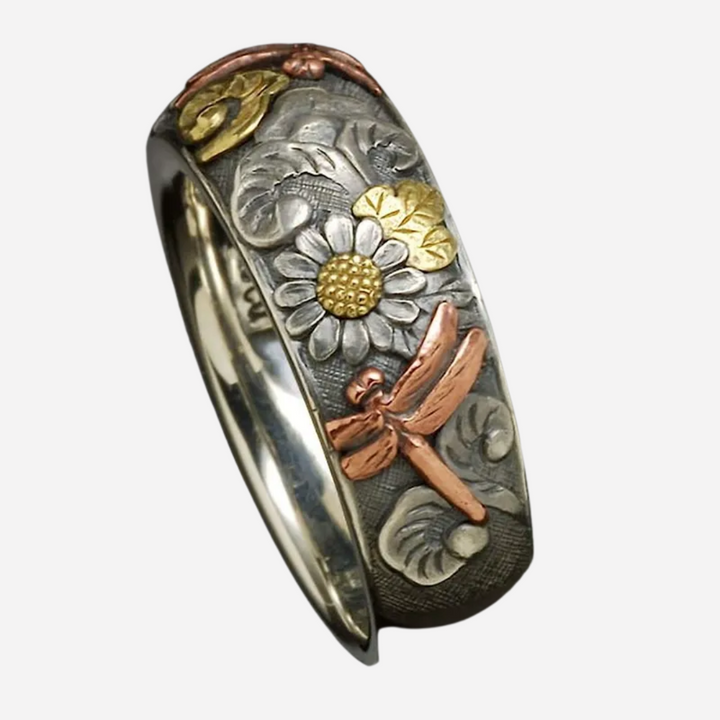 Vintage Sunflower Dragonfly Ring