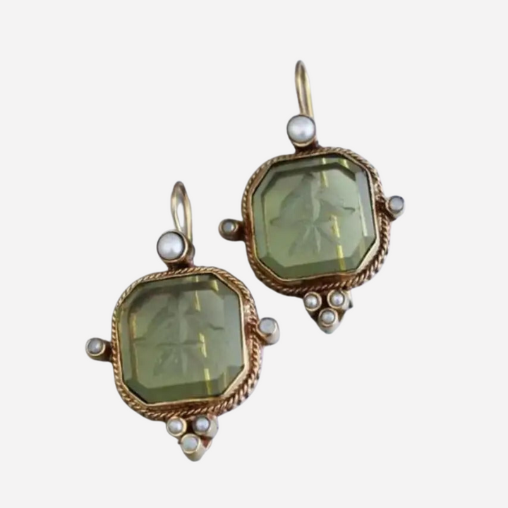 Vintage Green Square Earrings with Pearls