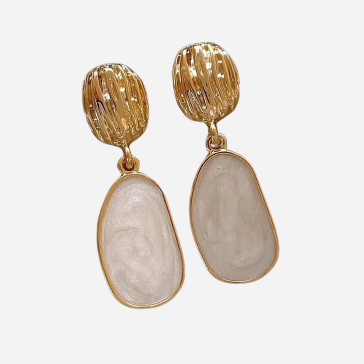 Oval Hanging Earrings with White Enamel