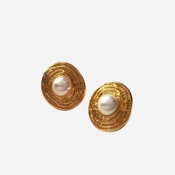 Vintage Circular Earrings with Freshwater Baroque Pearl and 18K gold plating