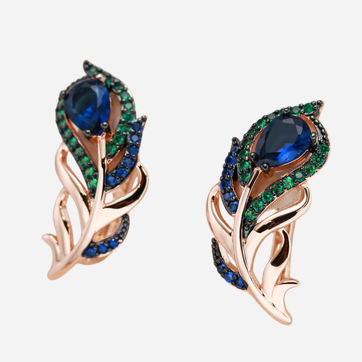Handmade Peacock Feather Earrings with Shappires