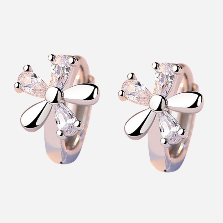 Floral Hoop Earrings with Silver Plated Zircons