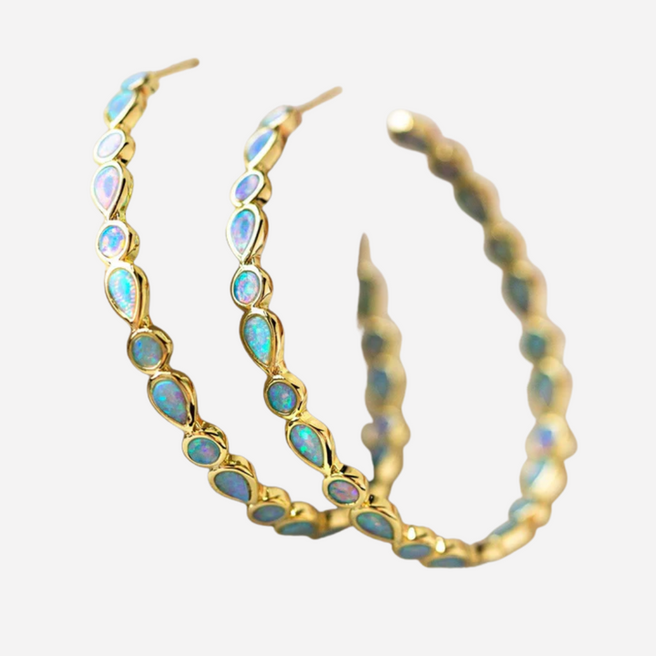 Vintage Blue Opal Golden Hoop Earrings