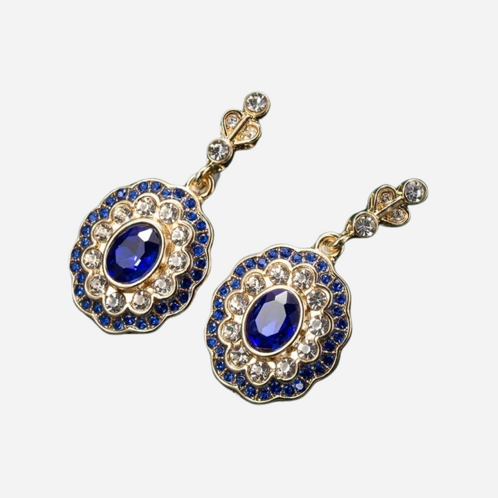 Blue Crystal Mandala Earrings on Vintage Gold