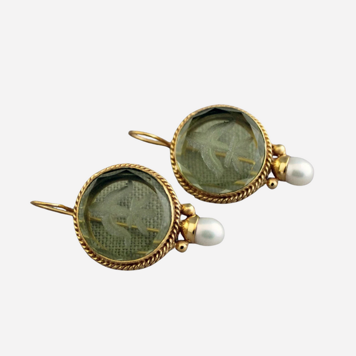 Vintage Rounded Green Stone Pearl Earrings