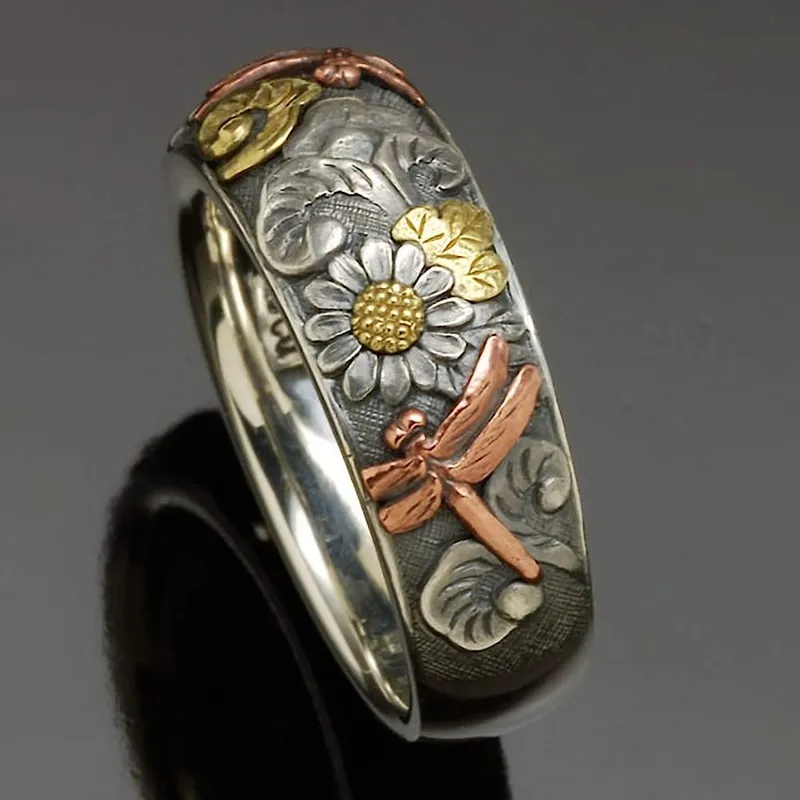 Vintage Sunflower Dragonfly Ring