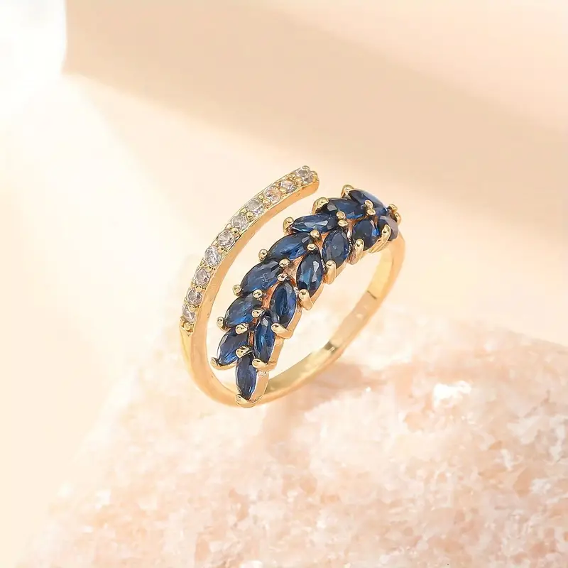 Open Blue Crystal Leaf Ring