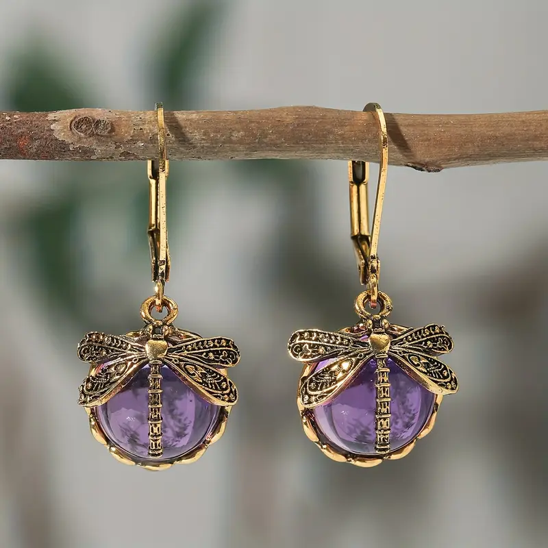 Purple Dragonfly Crystal Earrings