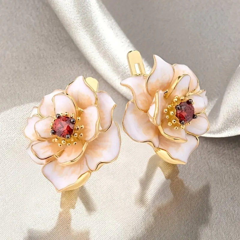 White Blossom Red Zirconia Earrings